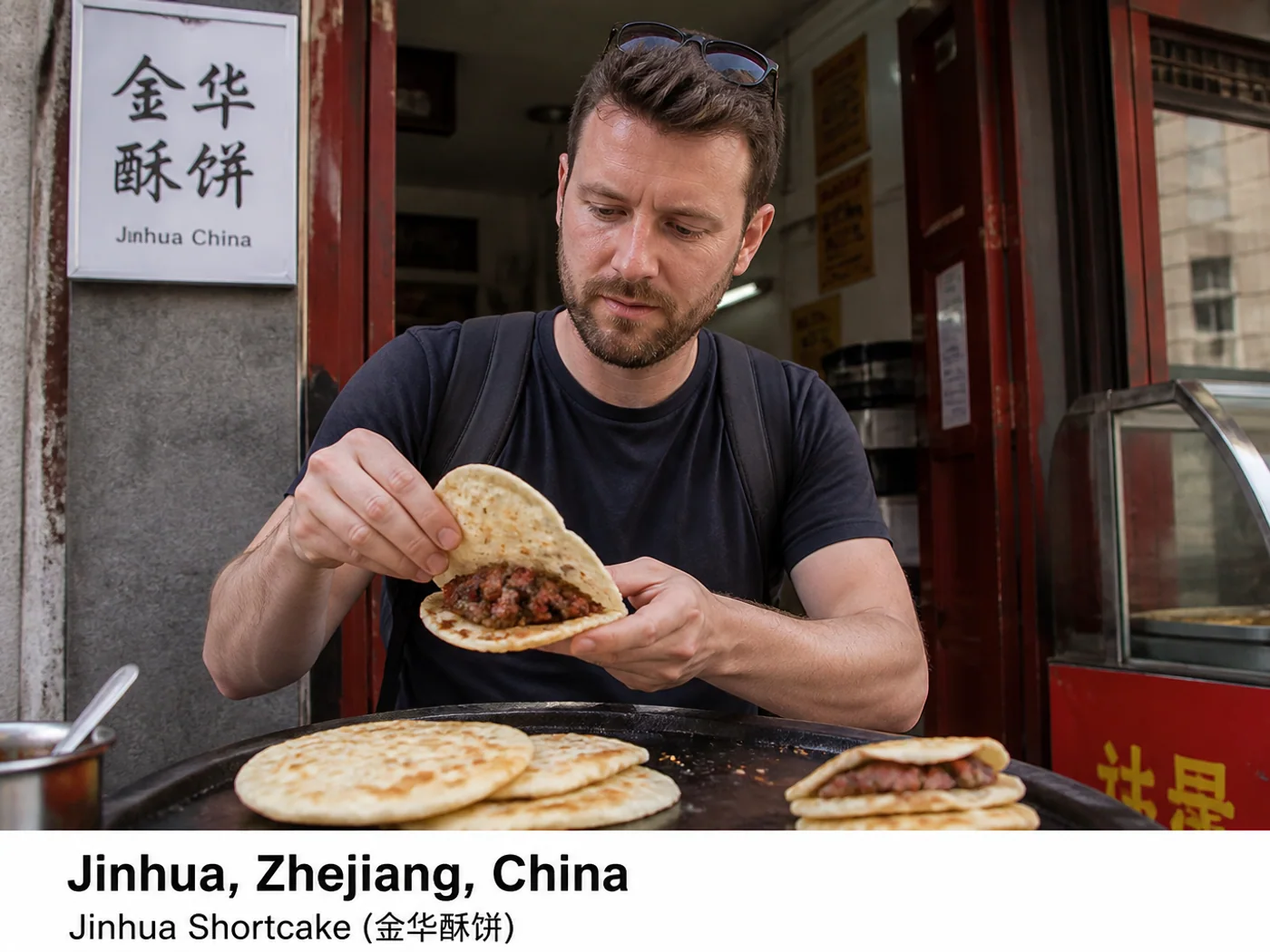 Traveler eating Jinhua shortcake