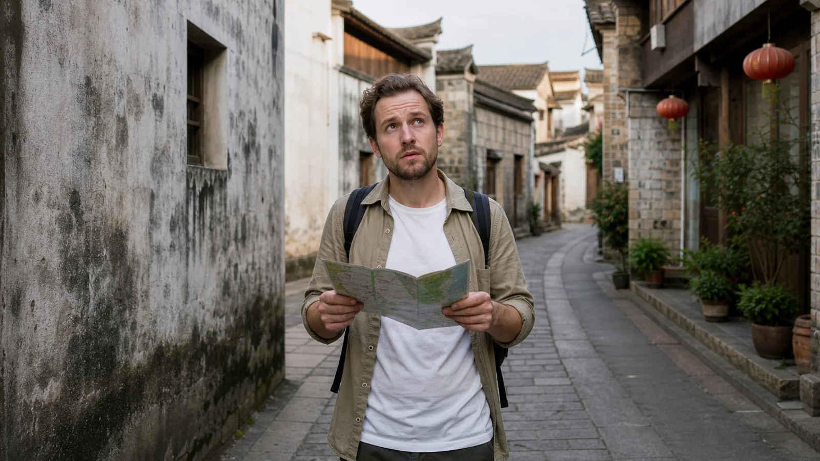 Traveler navigating village lanes
