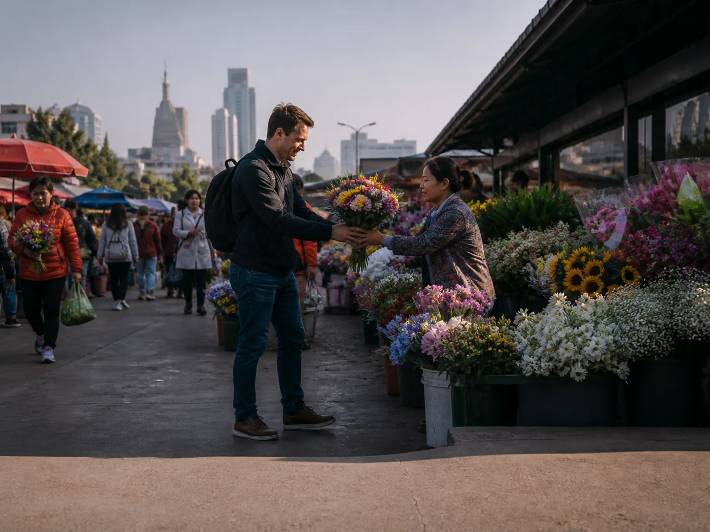 Traveler at flower market
