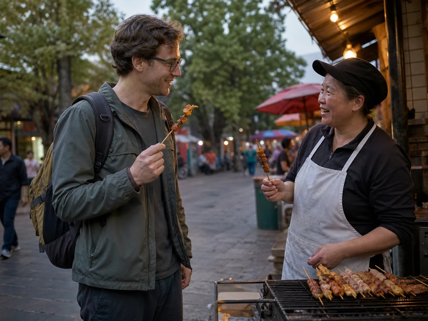 Traveler eating rice cake skewer