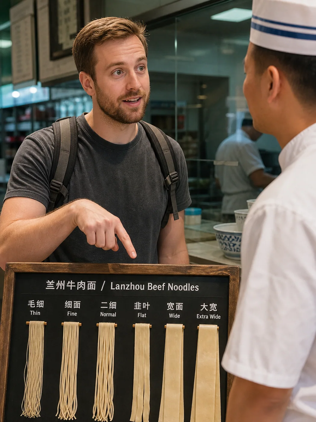Traveler ordering Lanzhou noodles
