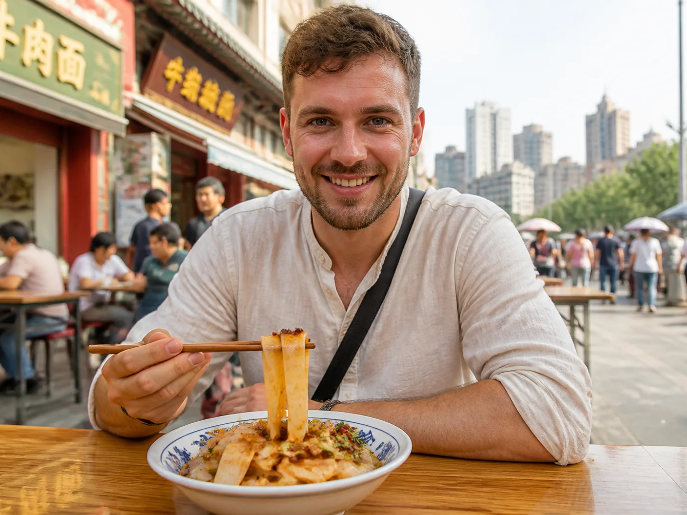 Traveler eating cold noodles
