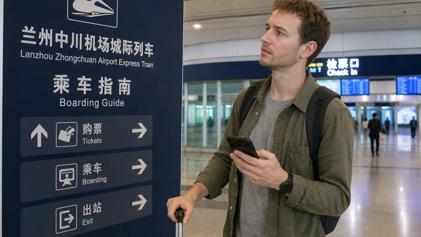 Traveler finding airport train