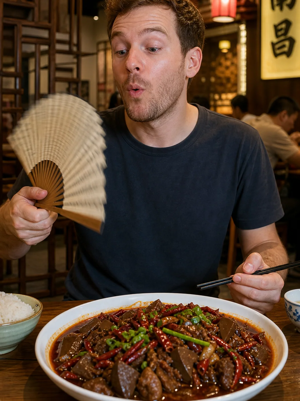 Traveler reacting to spicy duck