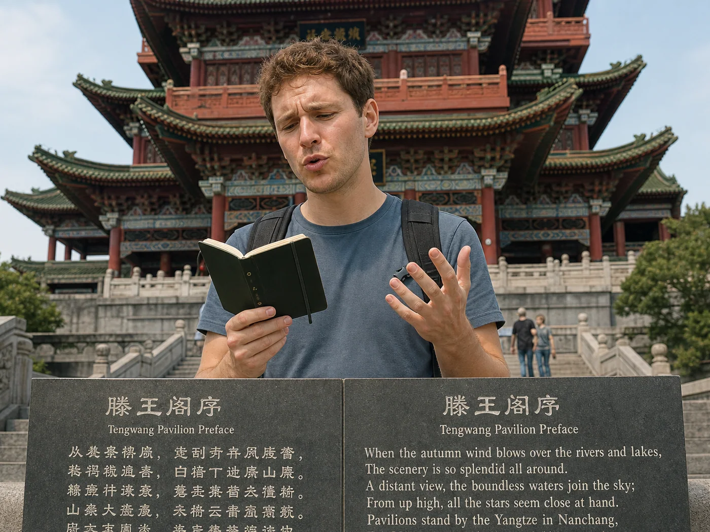 Traveler reading poetry at pavilion