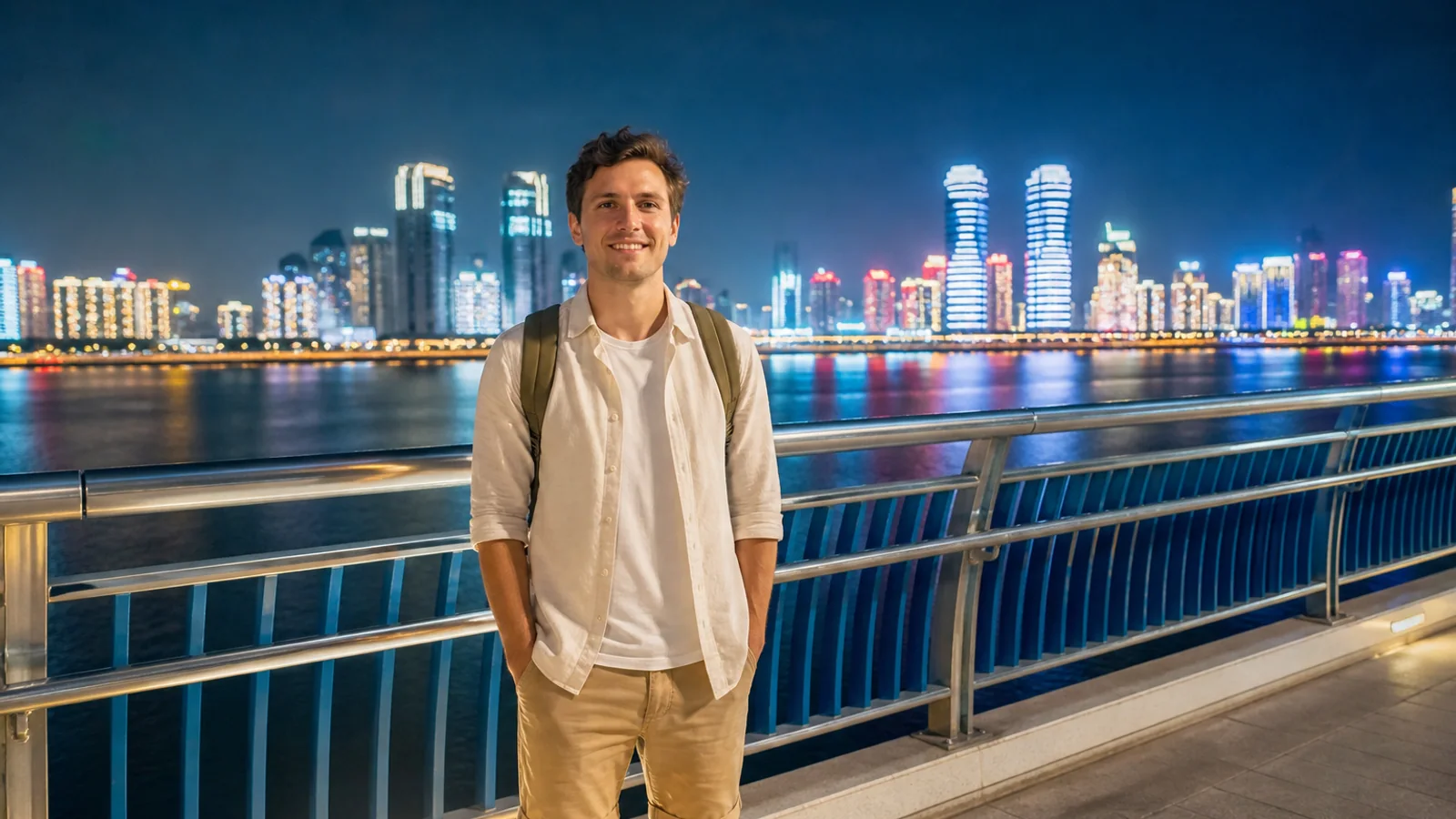 Travelers walking river bridge at night