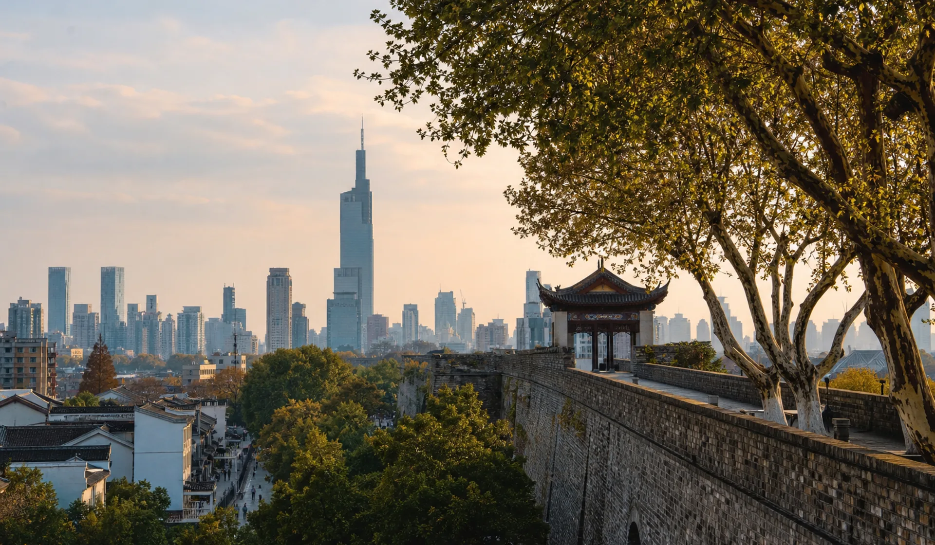 Nanjing's modern center viewed across its historic city wall