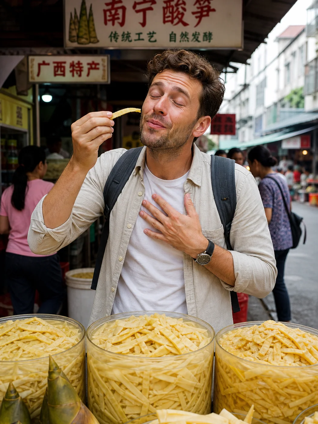 Traveler reacting to sour noodles