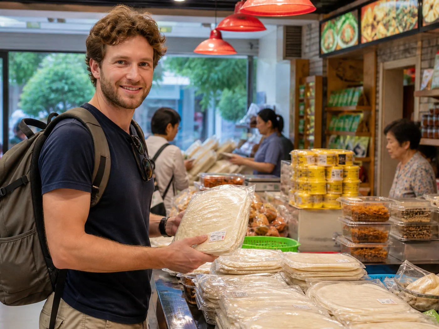 Traveler buying rolled rice noodles