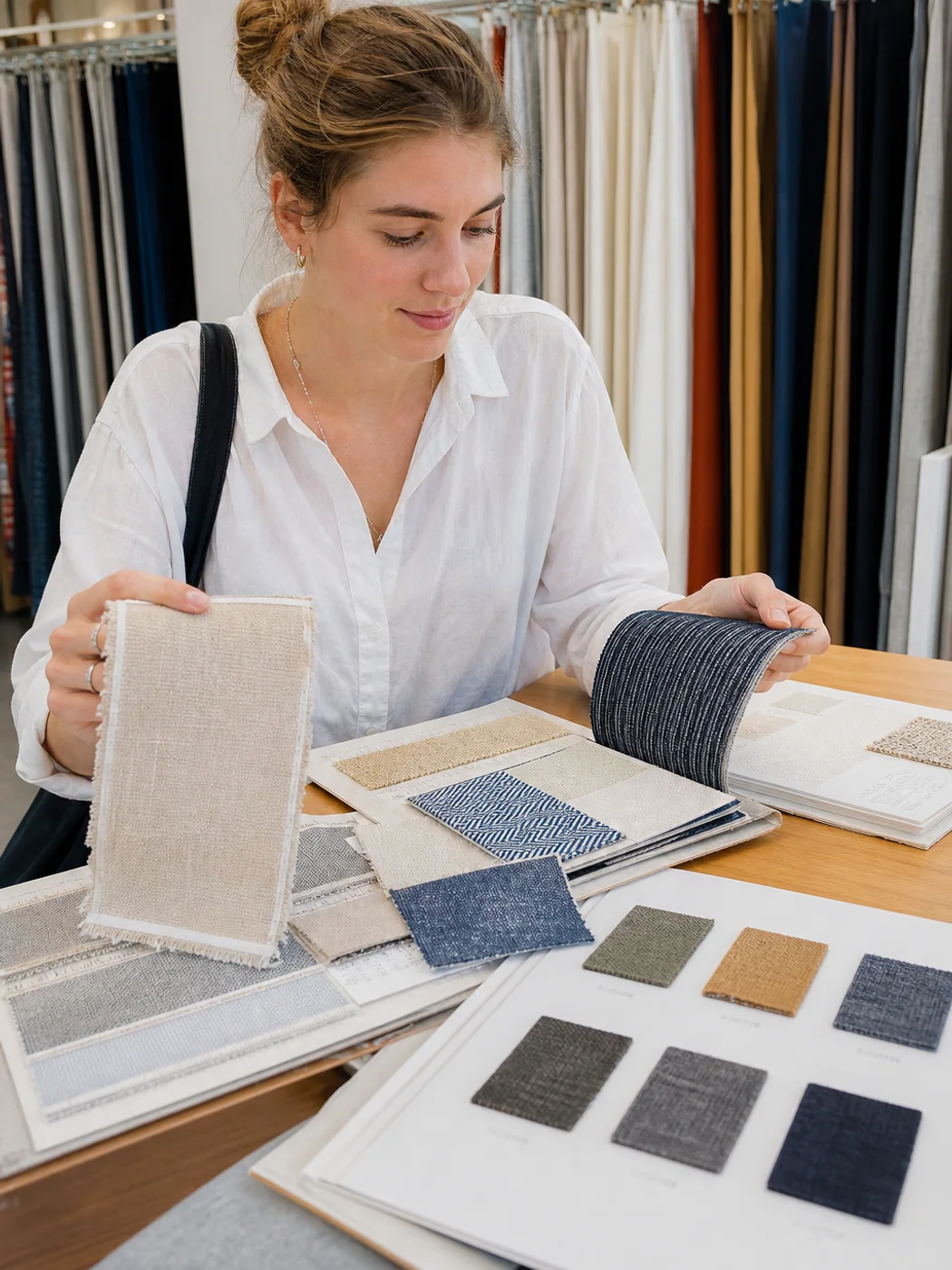 Traveler studying textile exhibit