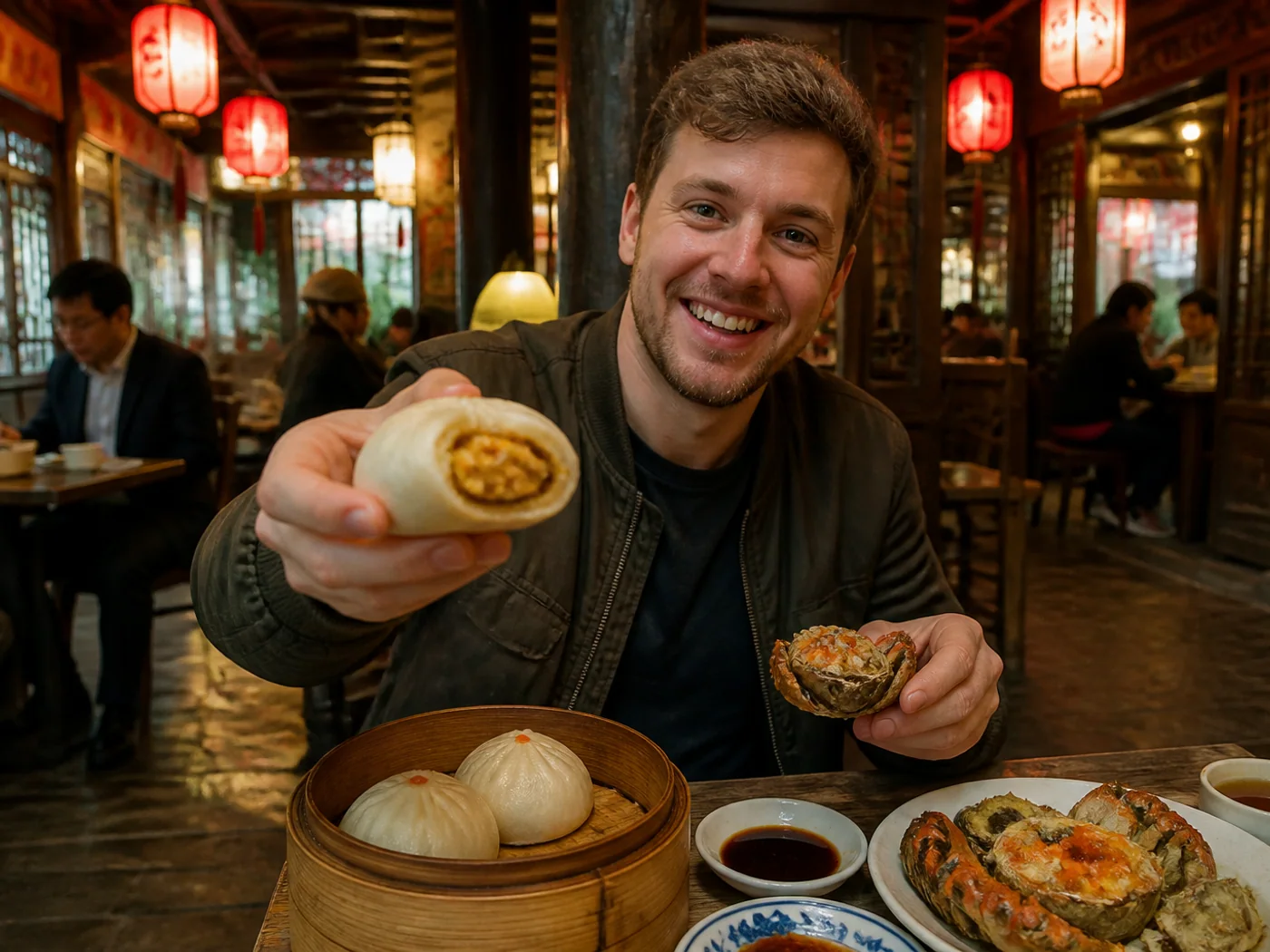 Travelers eating crab roe buns