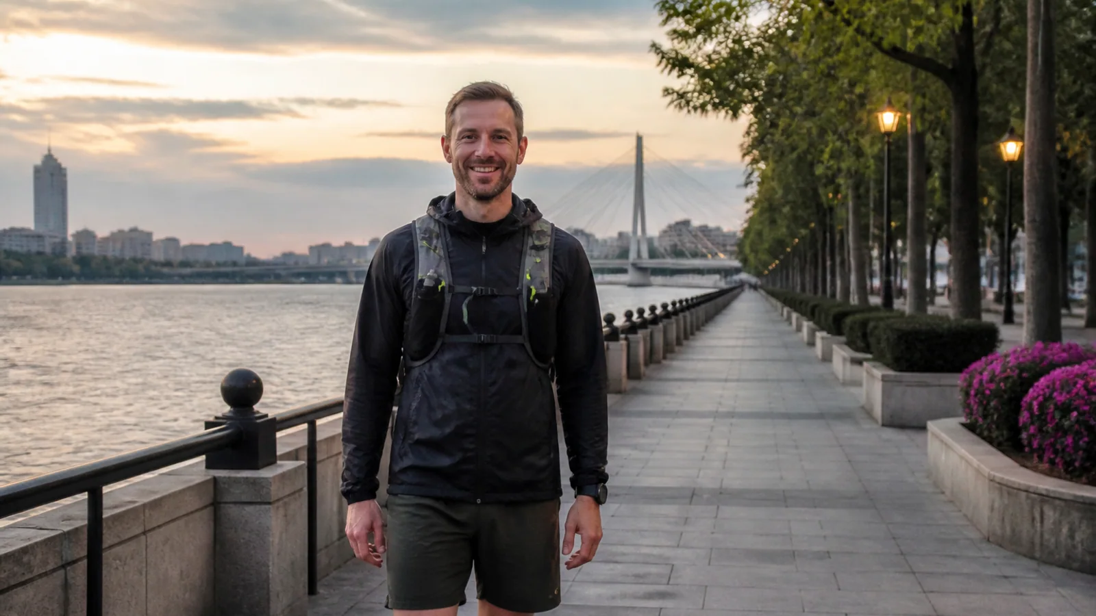 Joggers and travelers on river ring