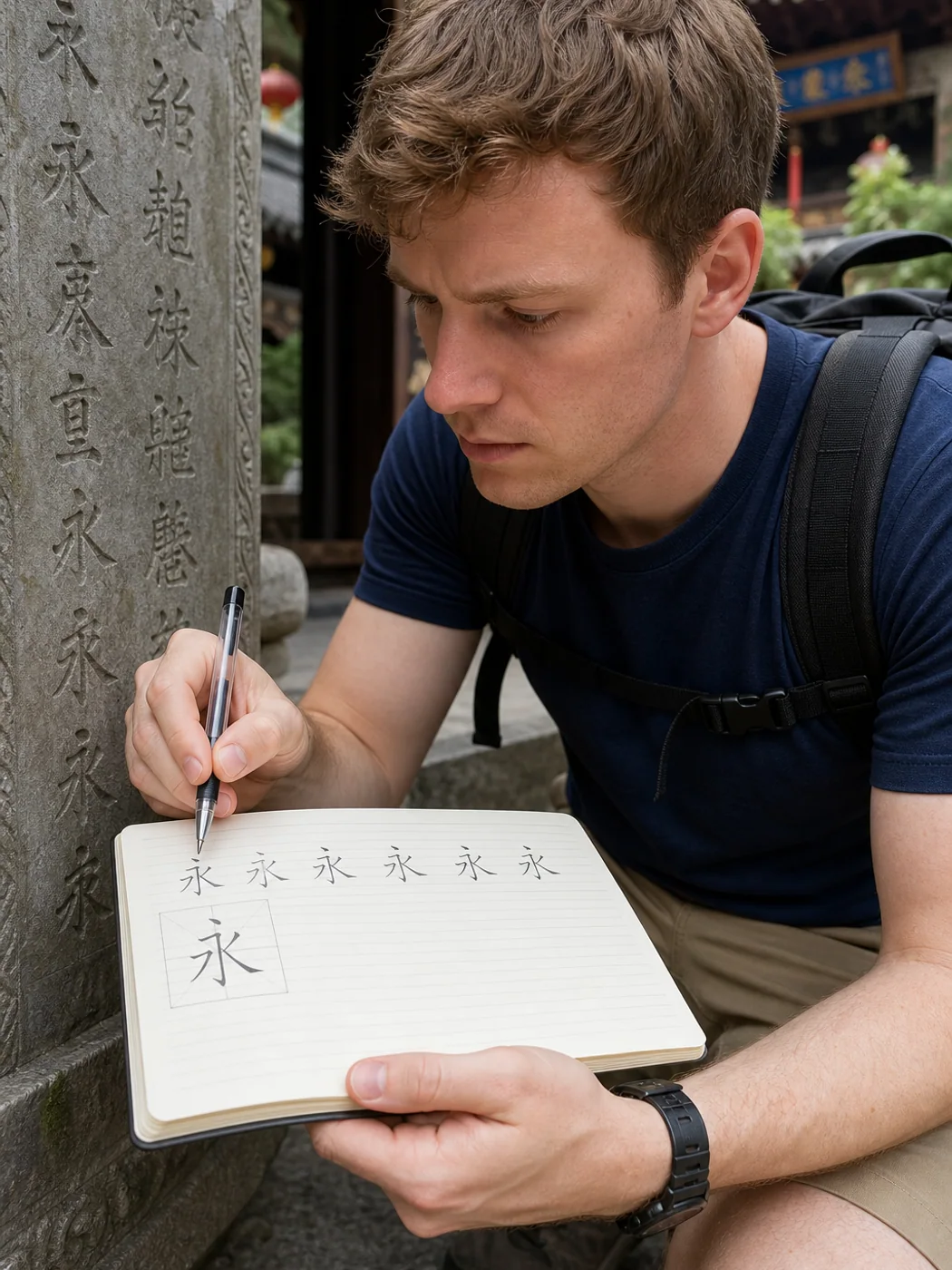 Traveler tracing calligraphy in Ningbo