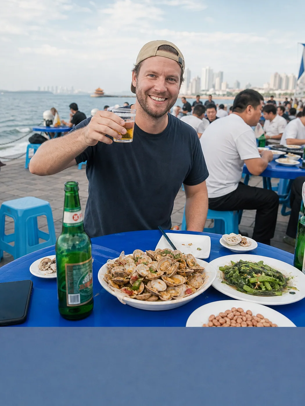 Travelers clinking beer glasses outdoors
