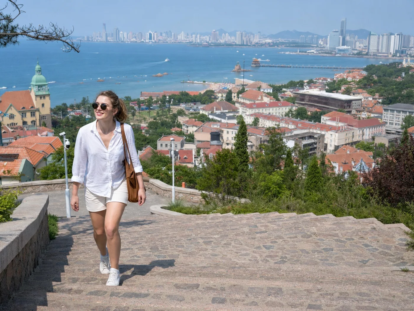 Hikers overlooking Qingdao bay