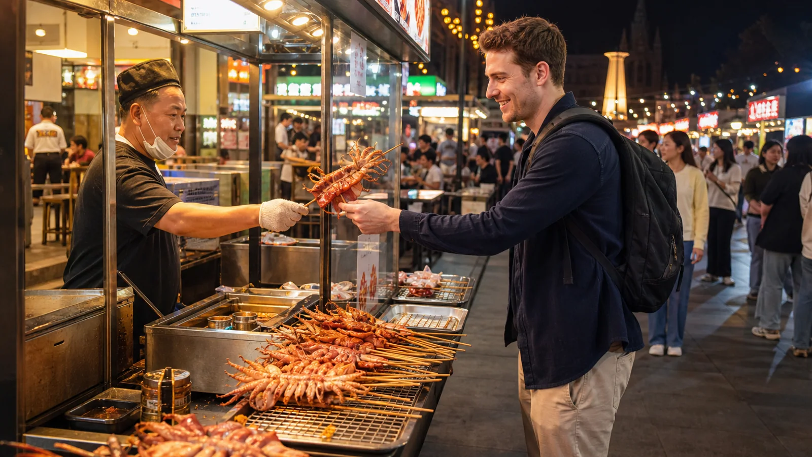 Traveler eating grilled squid street food