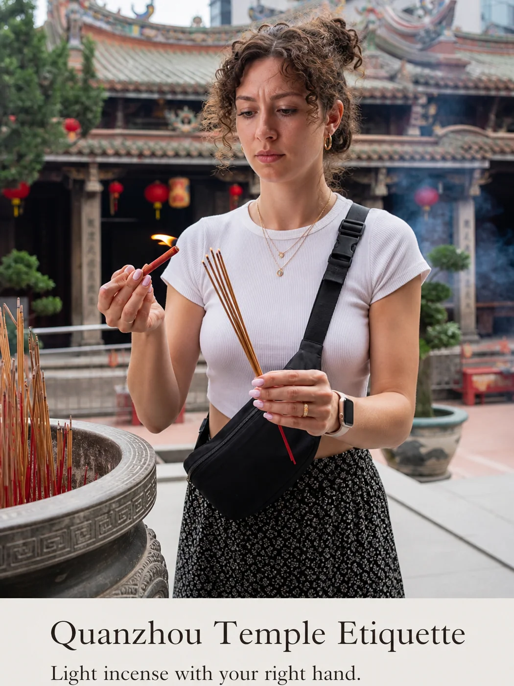 Visitor learning incense ritual