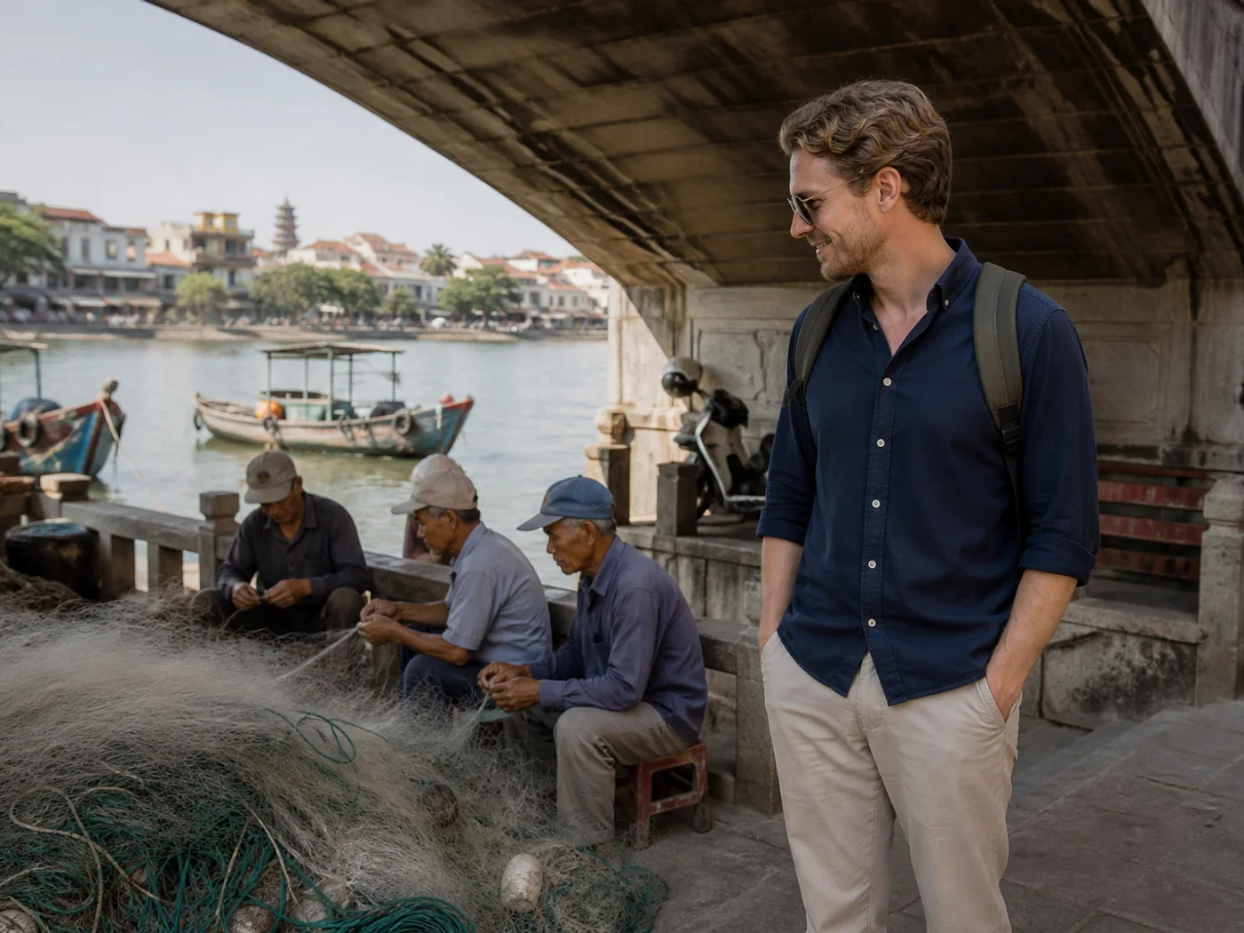 Travelers observing fishermen