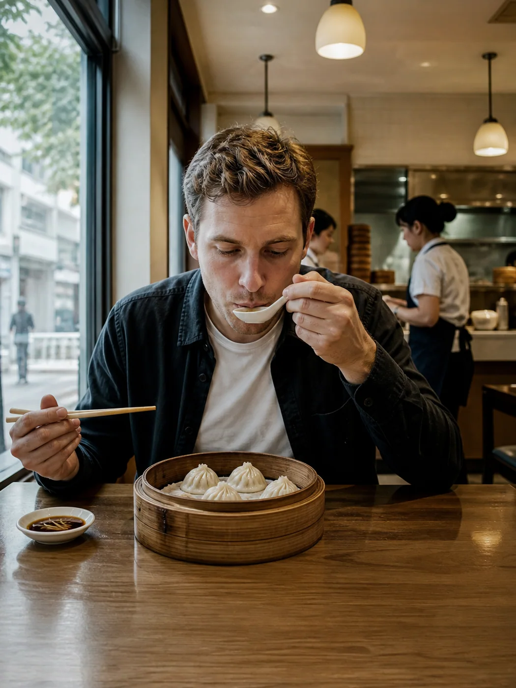 Traveler eating xiaolongbao carefully
