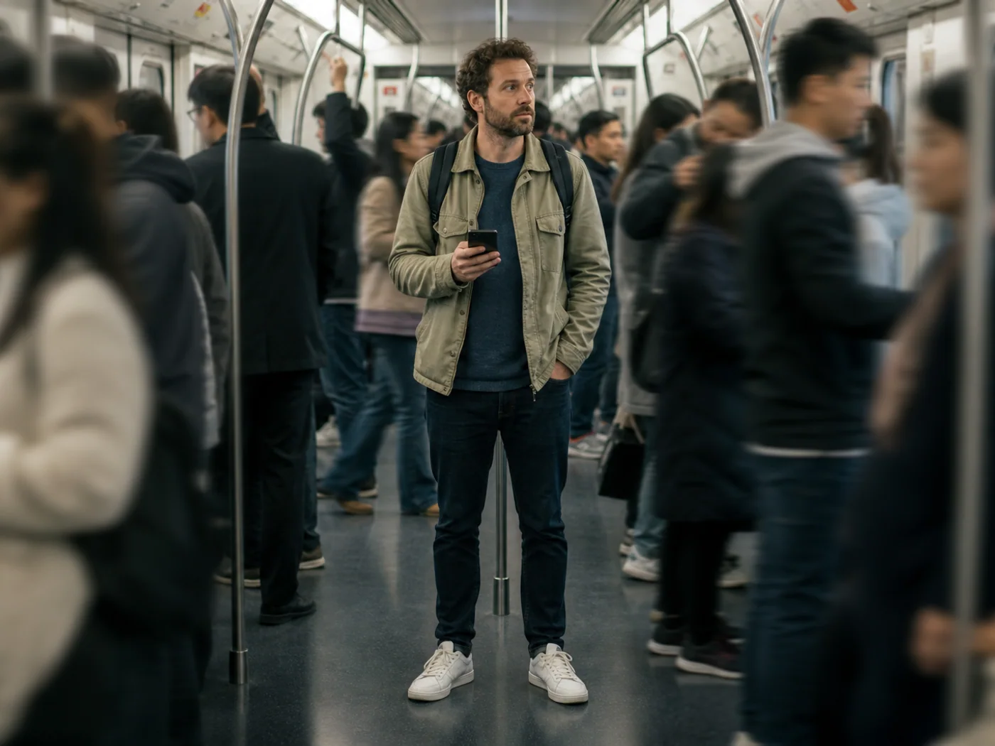 Traveler on Shanghai metro with phone