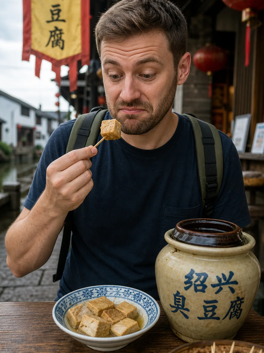 Traveler sampling fermented tofu