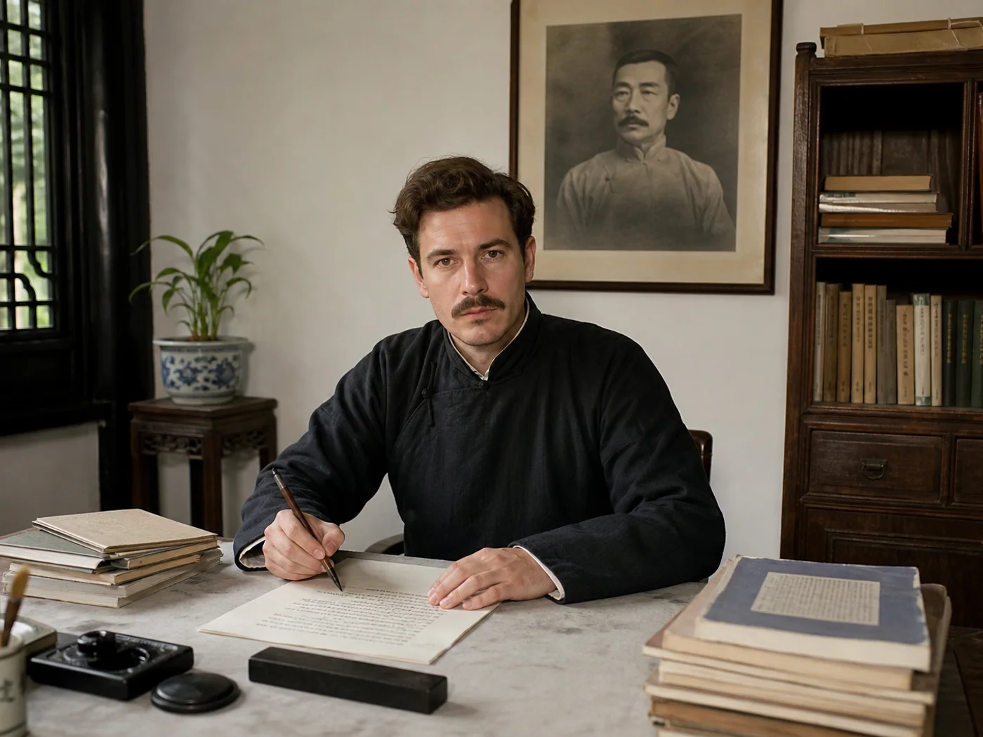 Visitor at historic writing desk