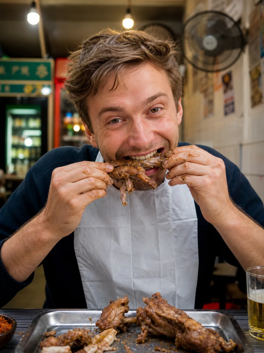 Traveler eating Shenyang chicken rack