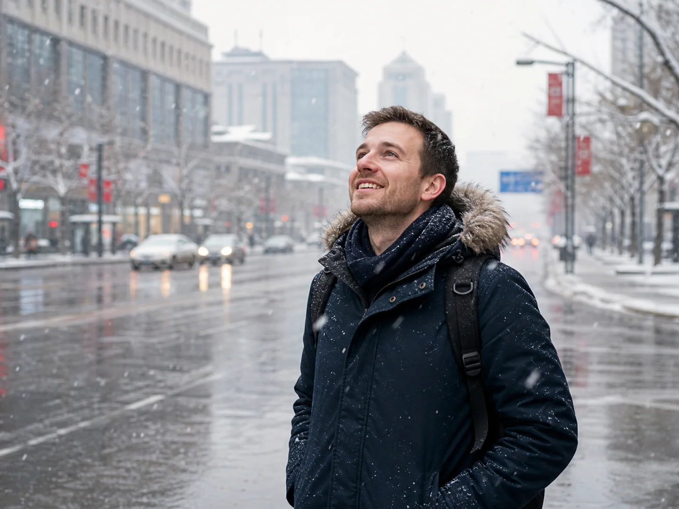 Traveler in snow on Shenyang avenue