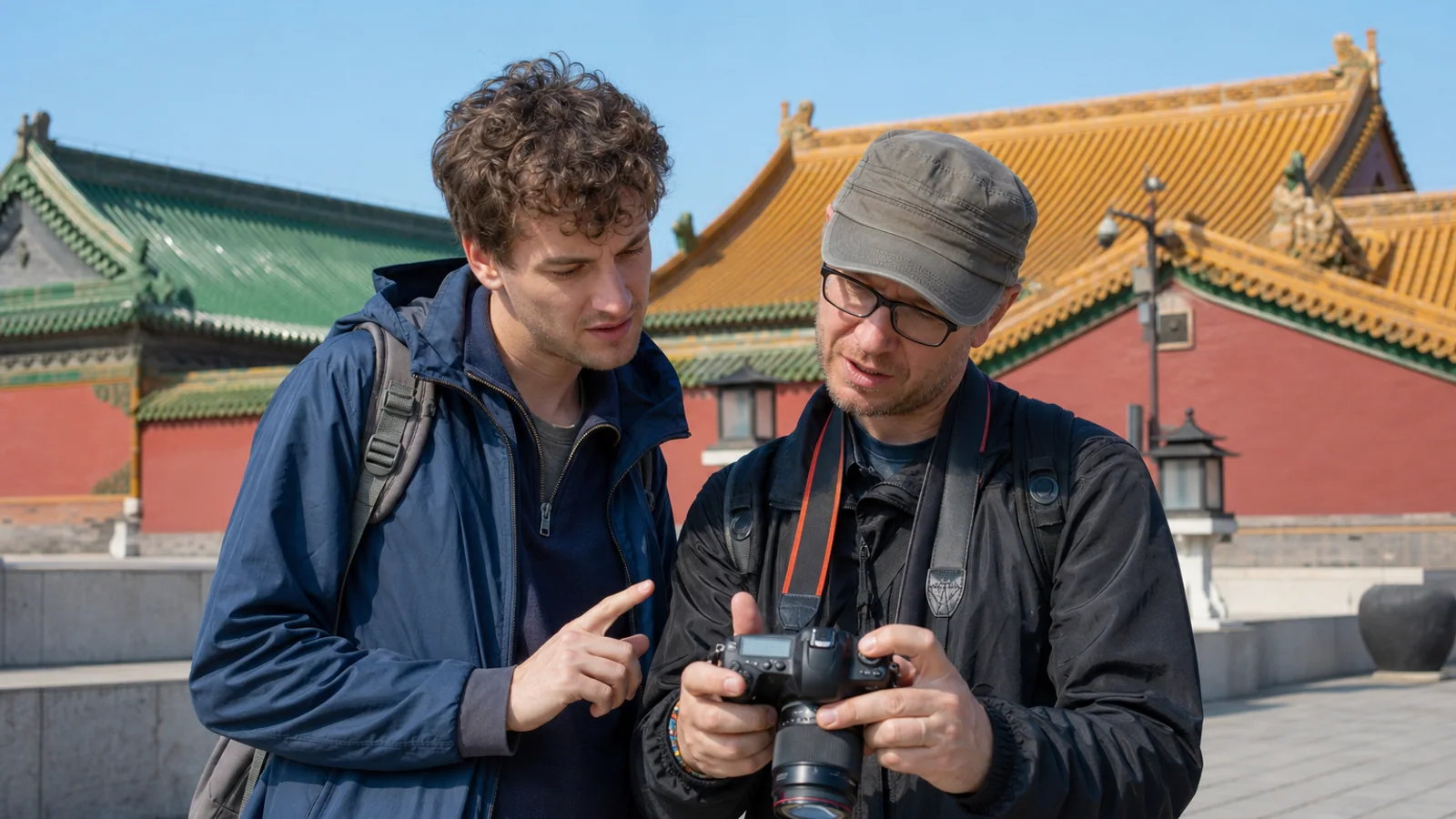 Travelers photographing palace details