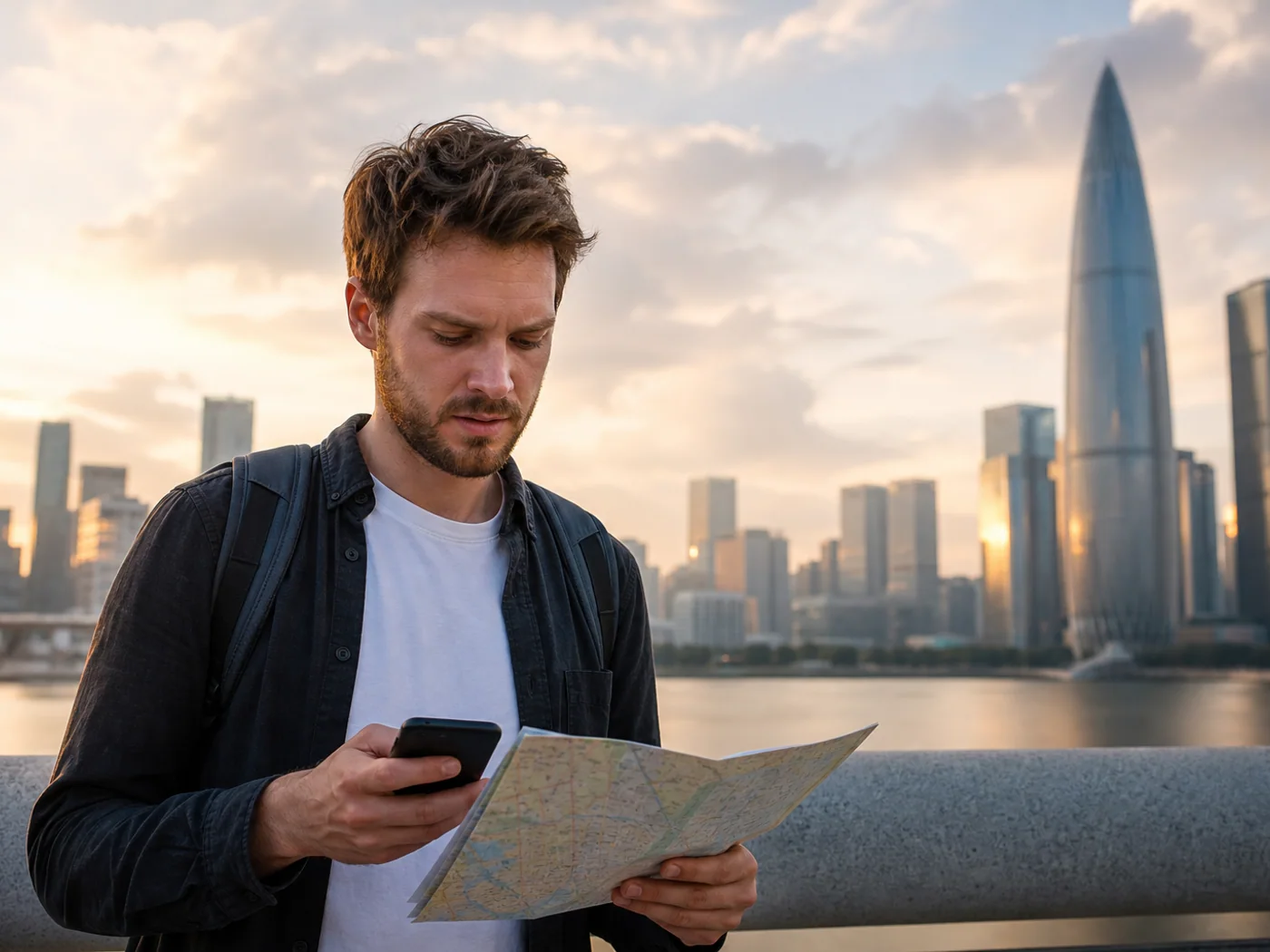 Traveler comparing district maps
