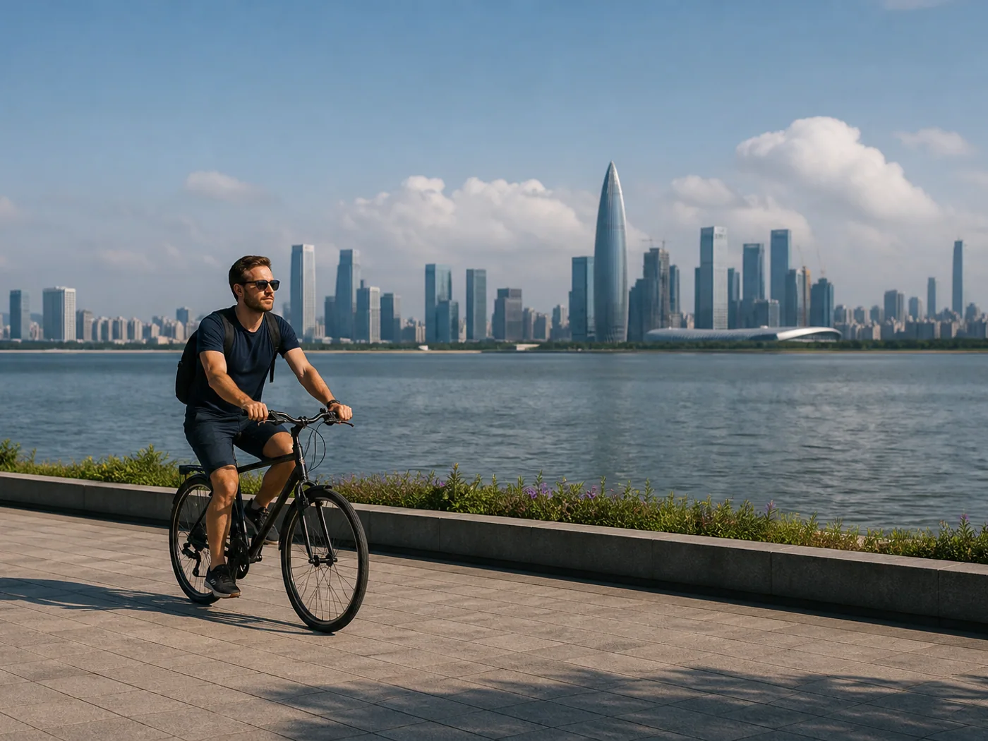 Travelers cycling Shenzhen Bay path