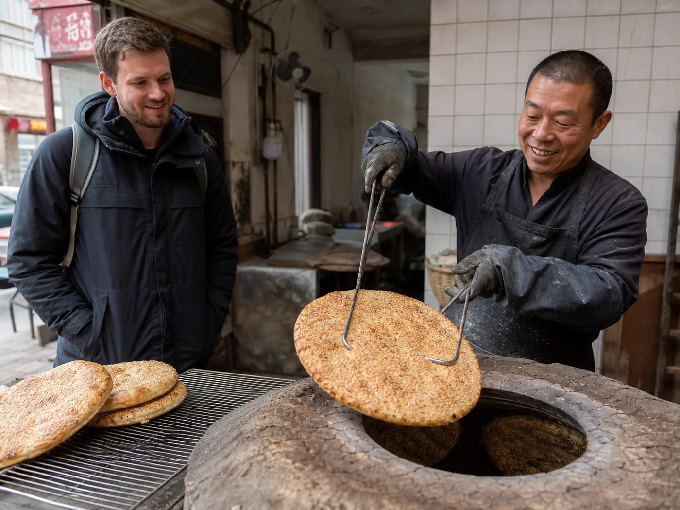Traveler waiting for fresh flatbread