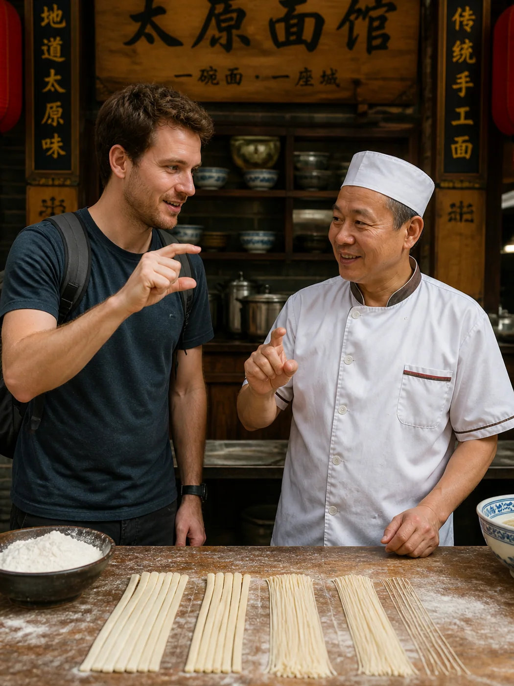 Traveler ordering knife-cut noodles in Taiyuan