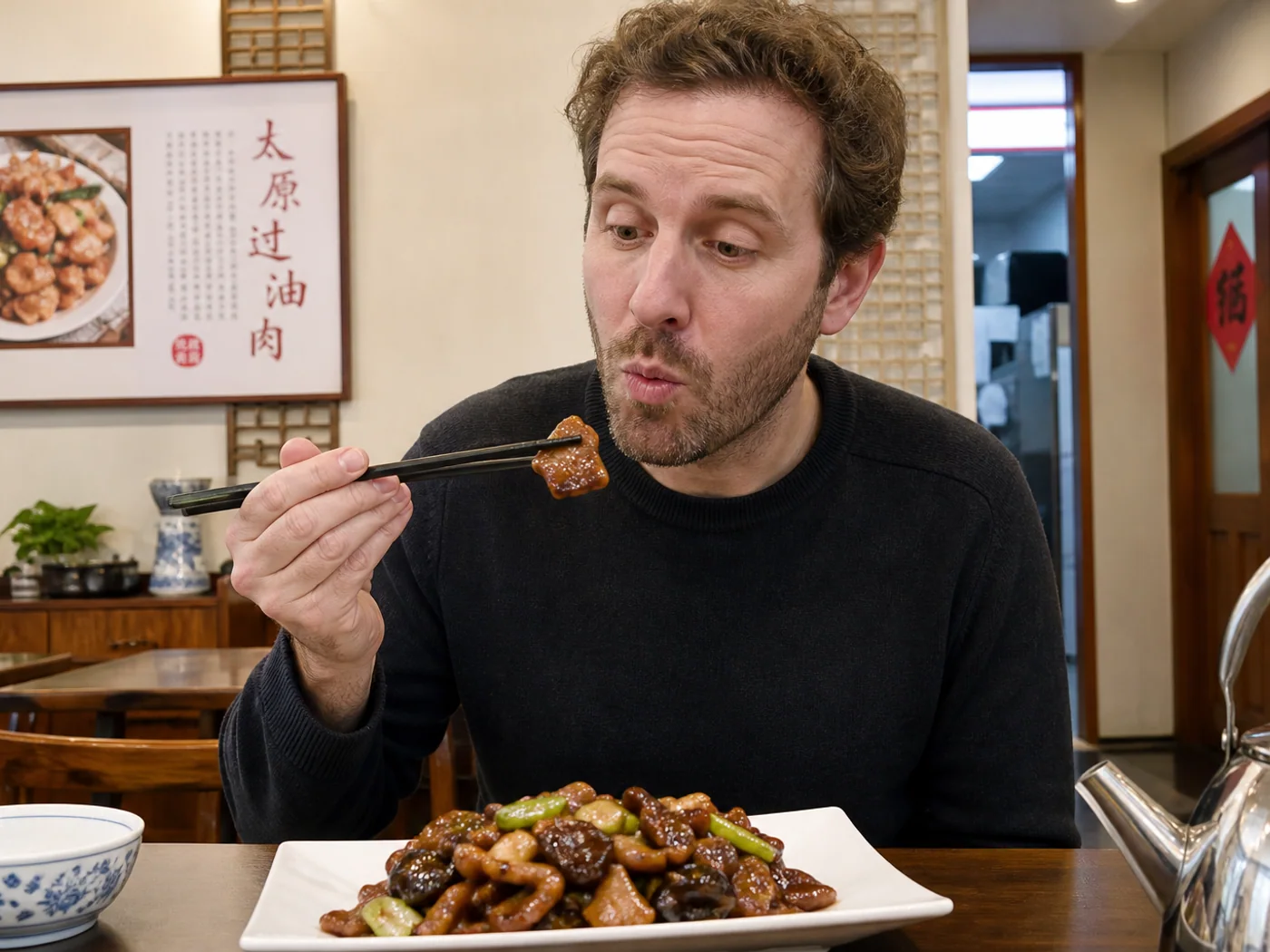 Visitors sharing Shanxi pork dish