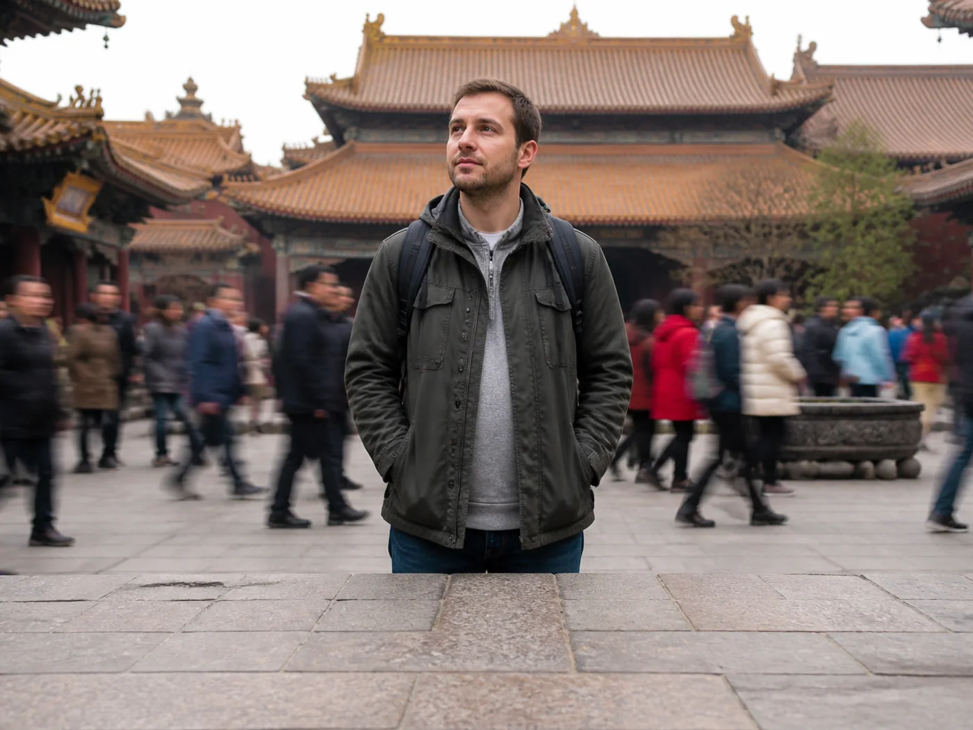 Early visitor entering quiet temple