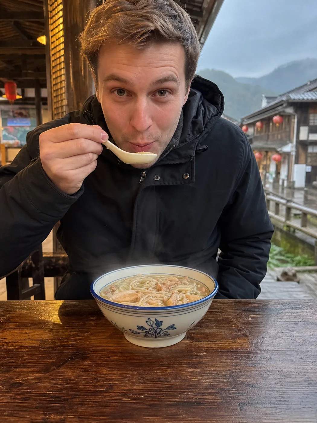 Traveler warming with ginger noodles