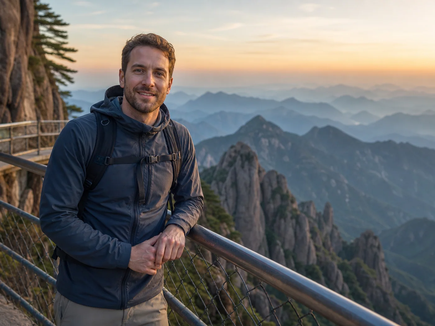 Traveler on peak walkway