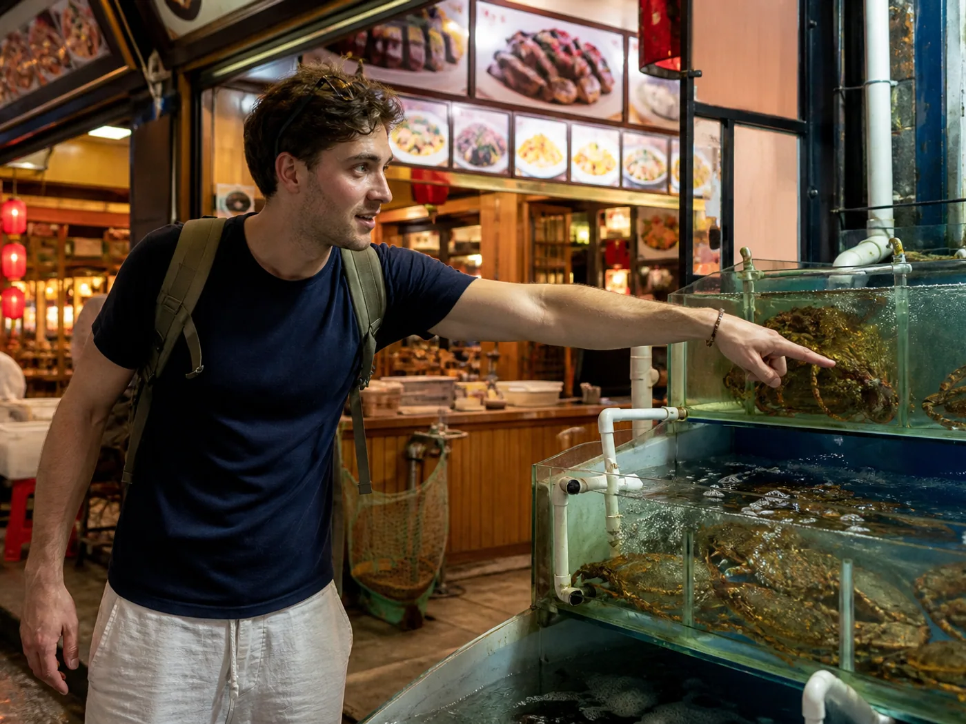 Traveler selecting seafood