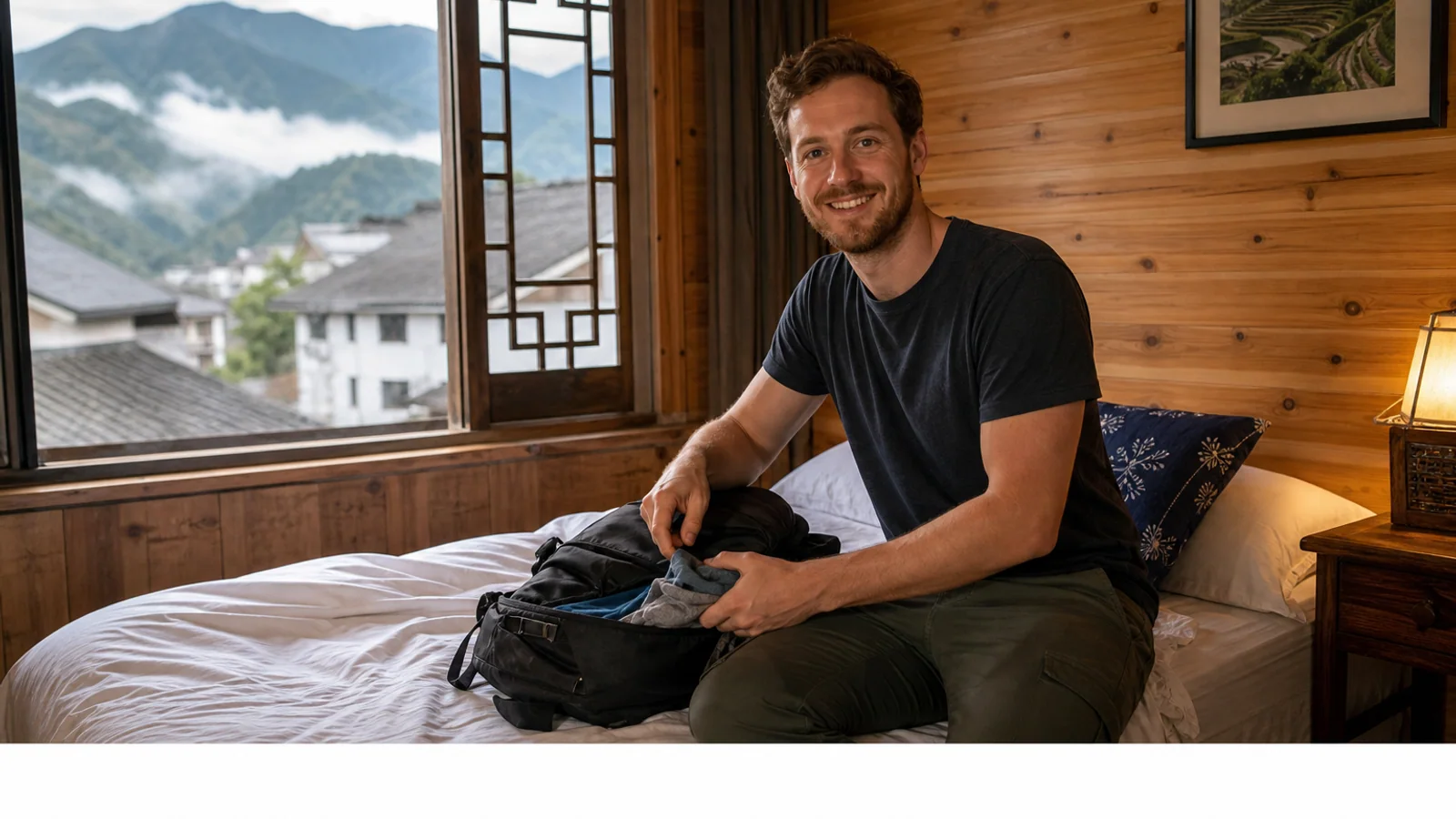 Traveler reading in mountain guesthouse