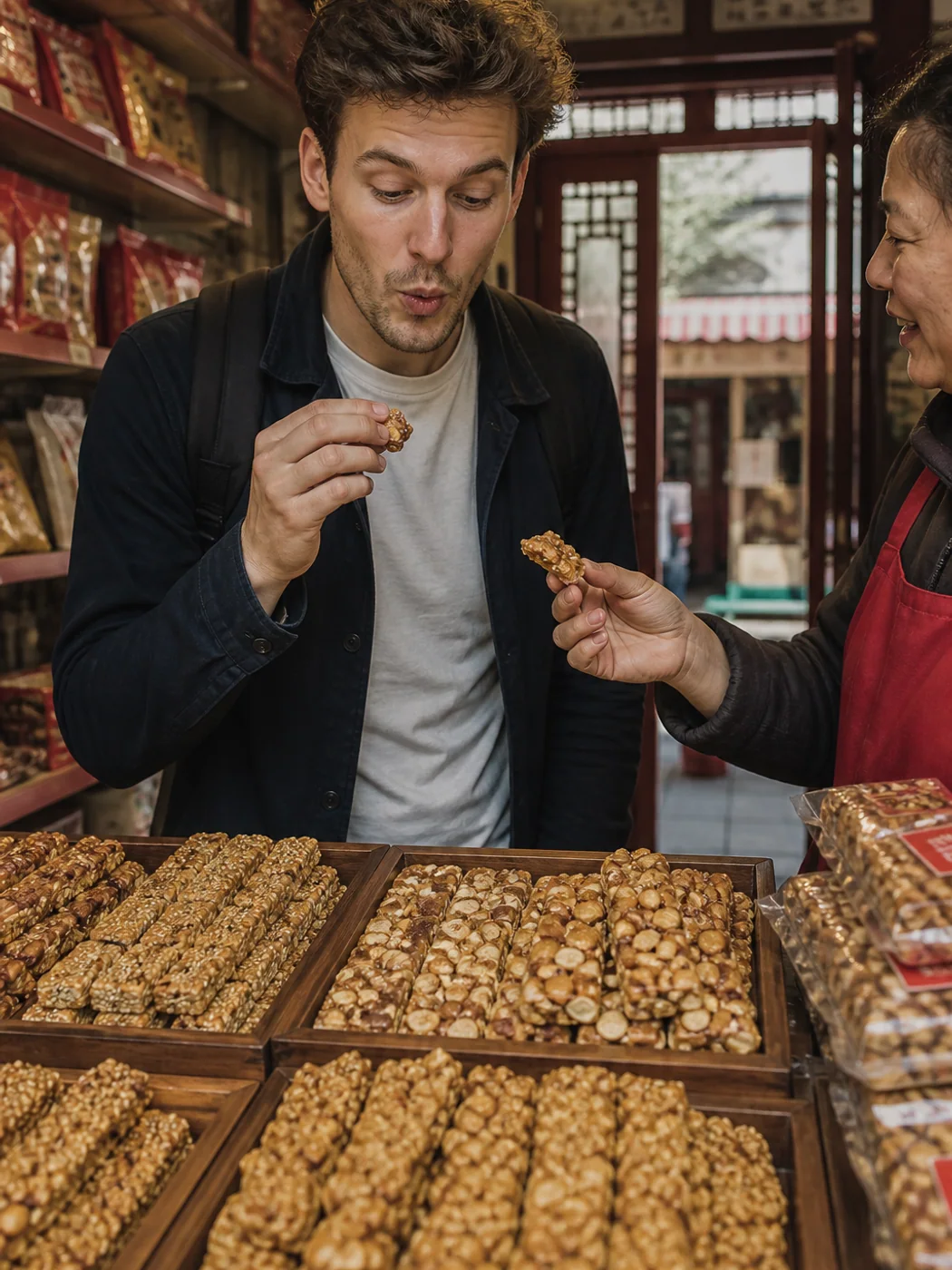Traveler tasting twisted pastry in Tianjin