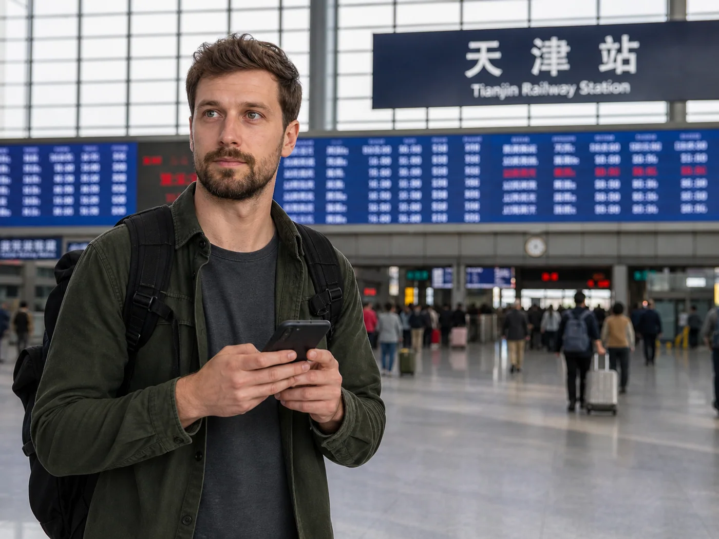 Traveler checking phone at Tianjin rail station