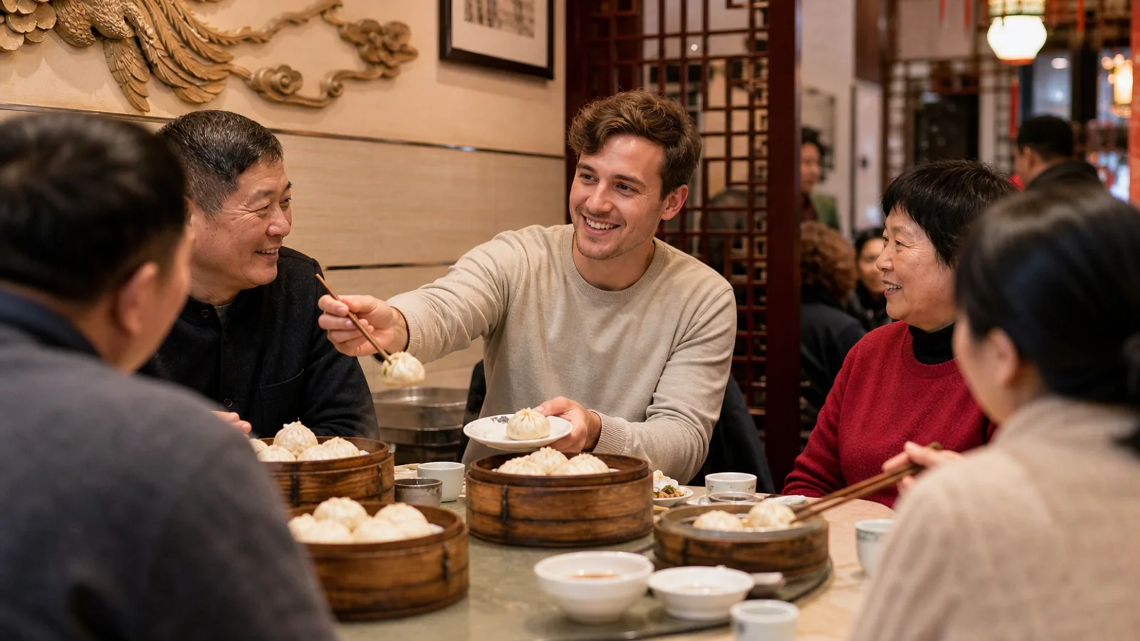 Visitors sharing baozi in Tianjin