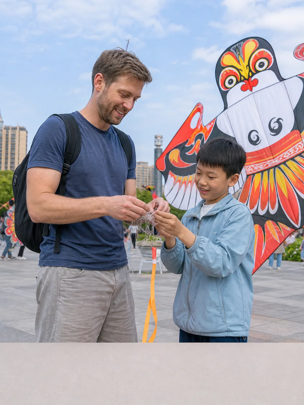 Traveler fixing kite with local child