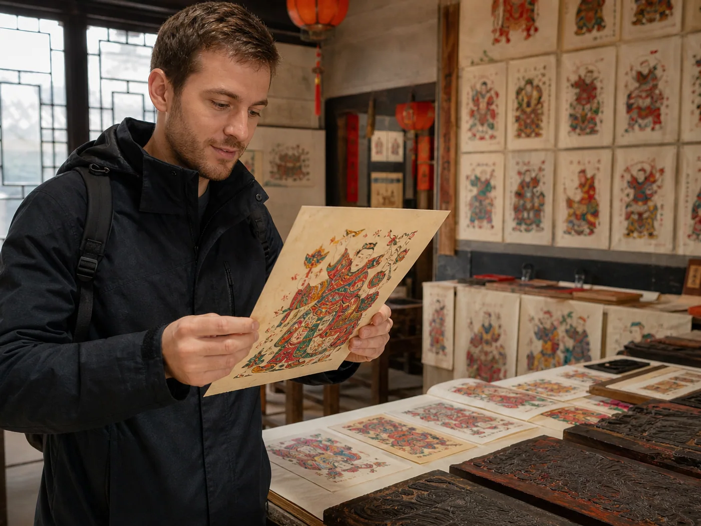 Traveler selecting print in Weifang