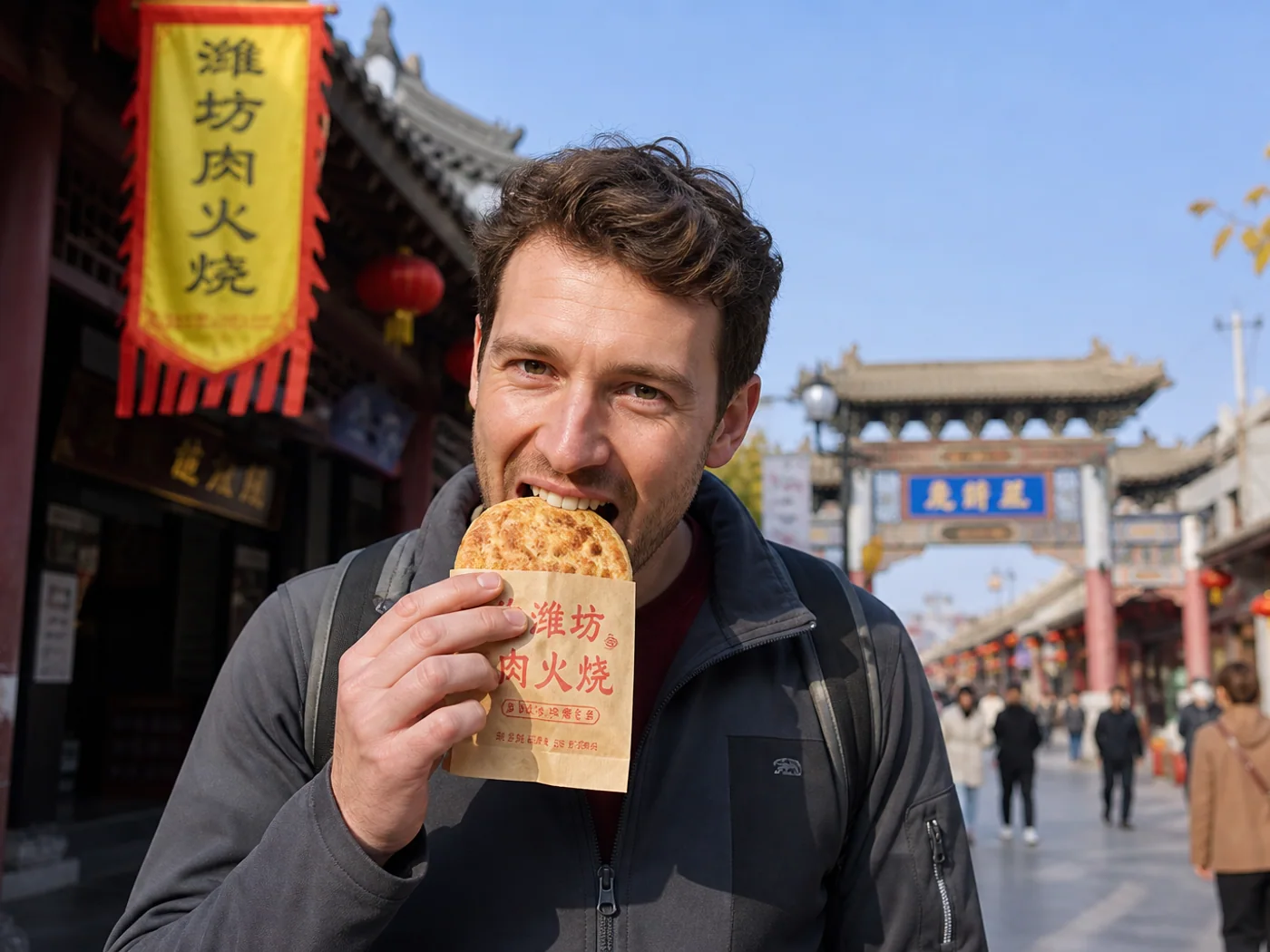Traveler eating meat pastry walking