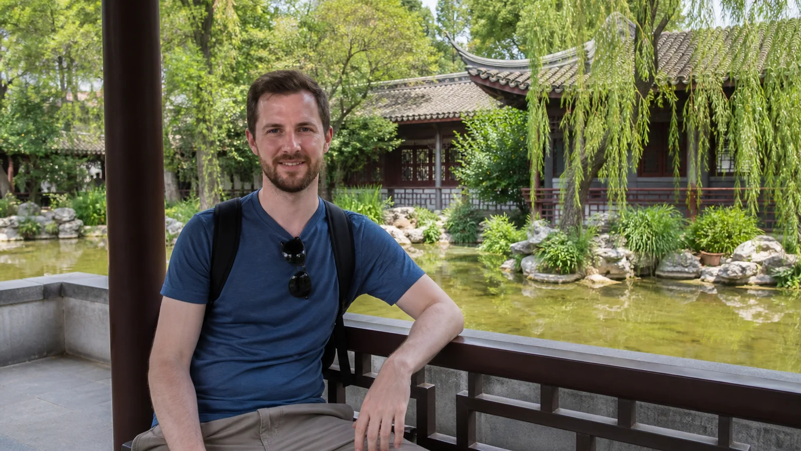 Visitor resting in Weifang garden