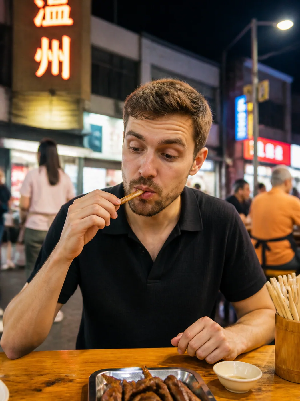 Traveler trying duck tongue snack