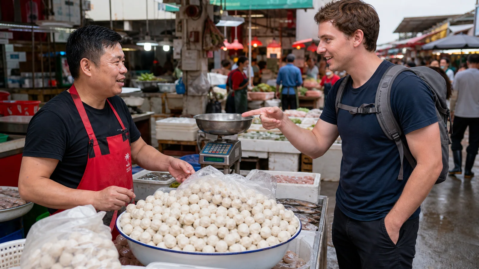Traveler buying fish balls