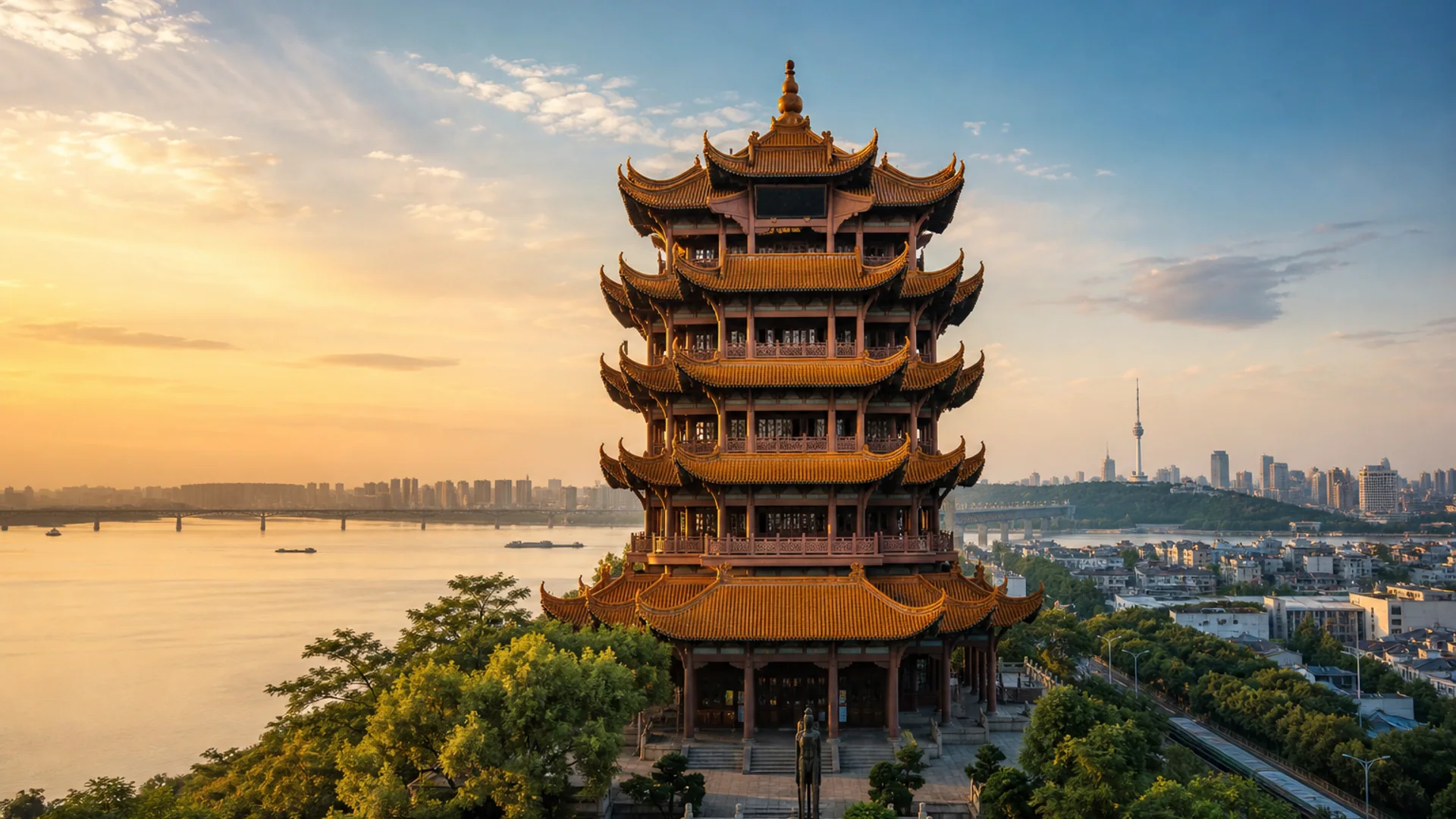 Wuhan skyline and Yingwuzhou Yangtze River Bridge viewed from Yellow Crane Tower