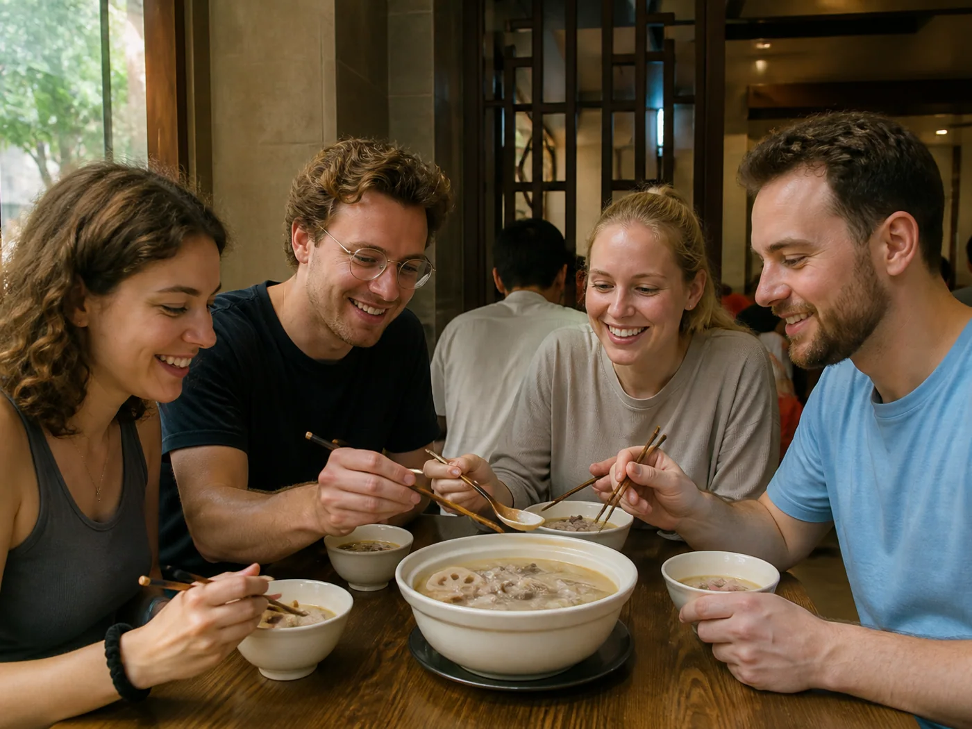 Travelers sharing lotus soup